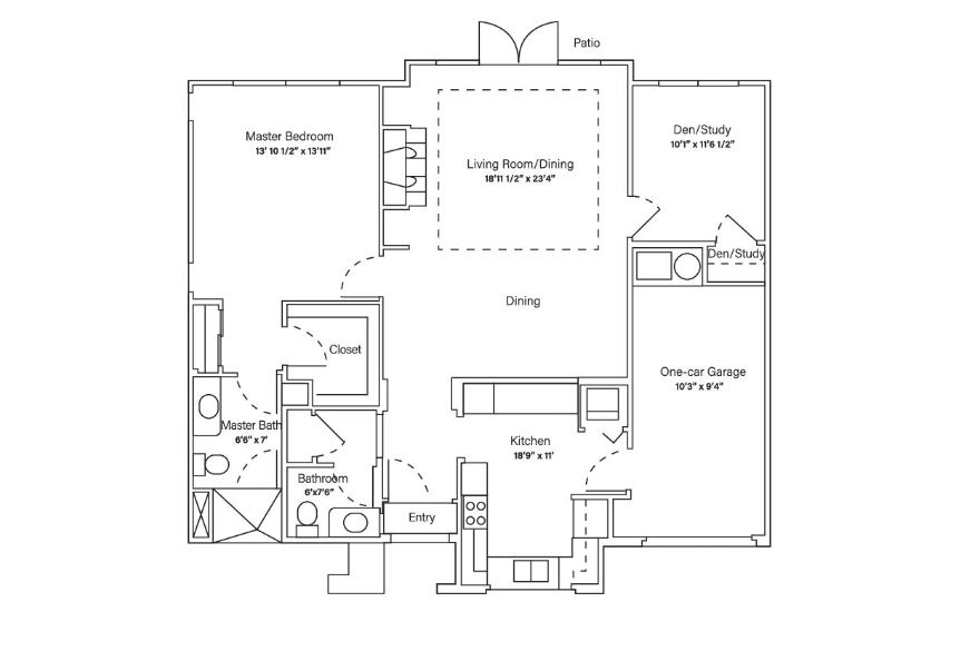 Black and white floor plan showing a master bedroom with bath and closet, a guest bedroom and bath, open living/dining area, kitchen, den/study, one-car garage, entryway, and patio. Room dimensions are labeled.