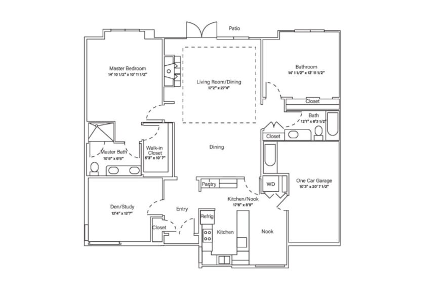 Black and white floor plan showing a master bedroom, den/study, kitchen, nook, pantry, living/dining area, two bathrooms, closets, one-car garage, entry, patio, and washer/dryer area.