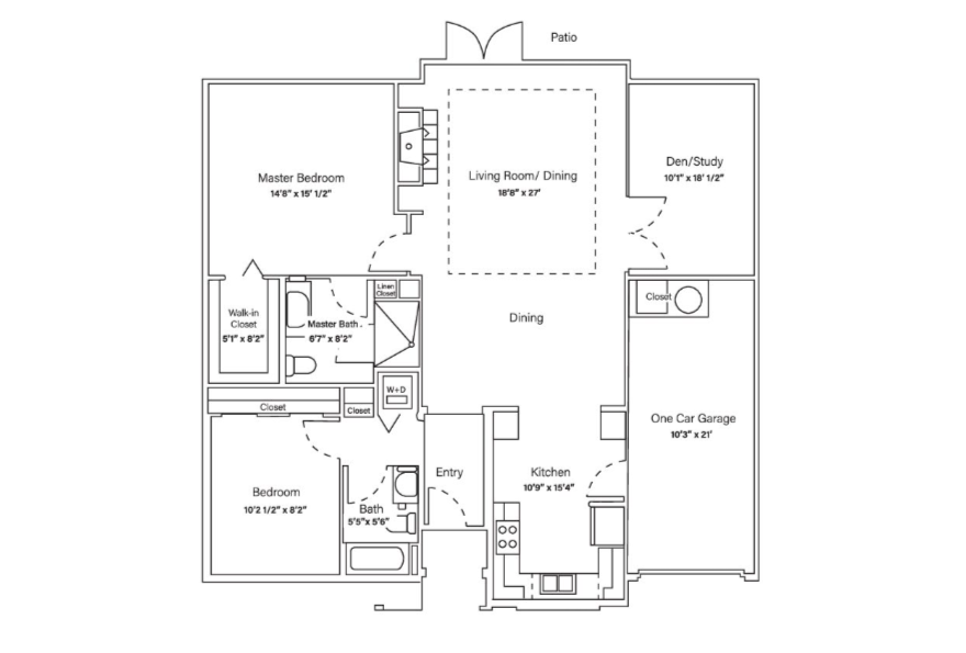 Black and white floor plan of a house showing two bedrooms, two bathrooms, a kitchen, dining area, living room, den/study, walk-in closet, one-car garage, and a patio. Doorways and room dimensions are labeled.