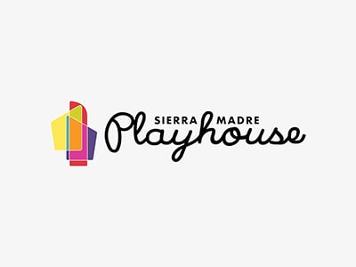 Logo for Sierra Madre Playhouse featuring abstract, overlapping geometric shapes in yellow, red, and purple on the left, with the words Sierra Madre Playhouse in stylized black text on the right.