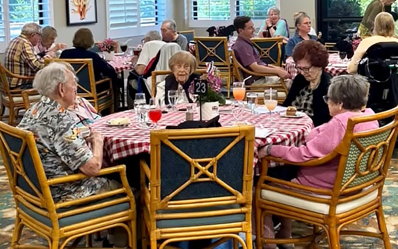 Elderly people sit around tables with red-checkered tablecloths, eating and talking at a lively dining area with large windows and bright natural light.