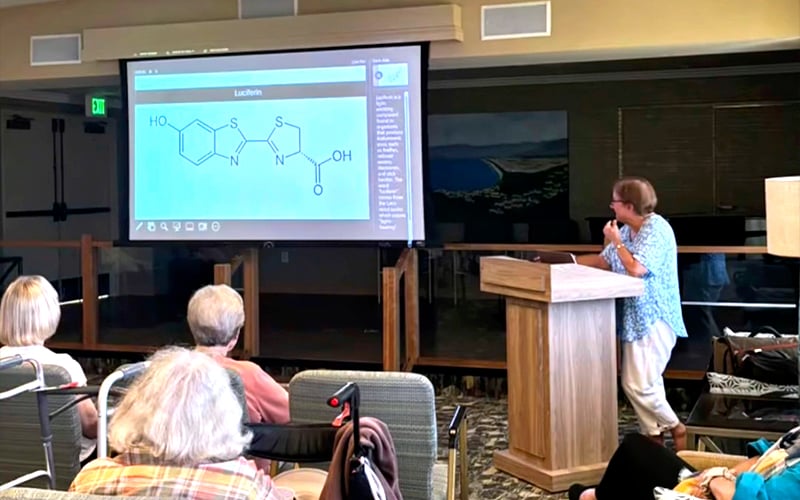 A woman stands at a podium giving a presentation to a seated audience, with a large screen behind her displaying a chemical structure and the word Luciferin.