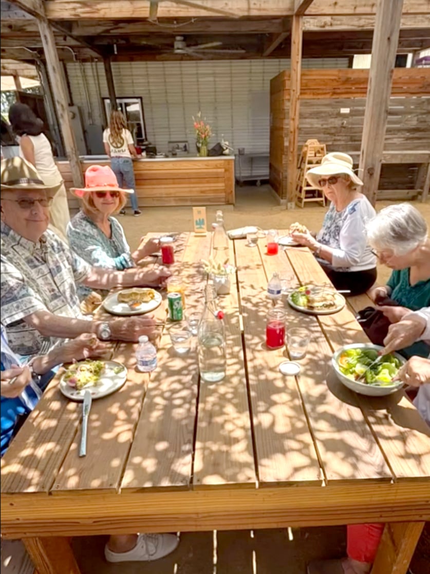 Five older adults sit around a wooden picnic table outdoors, eating a meal together. Dappled sunlight filters through leaves above. Plates of food, drinks, and water bottles are on the table. A rustic wooden kitchen is visible behind them.