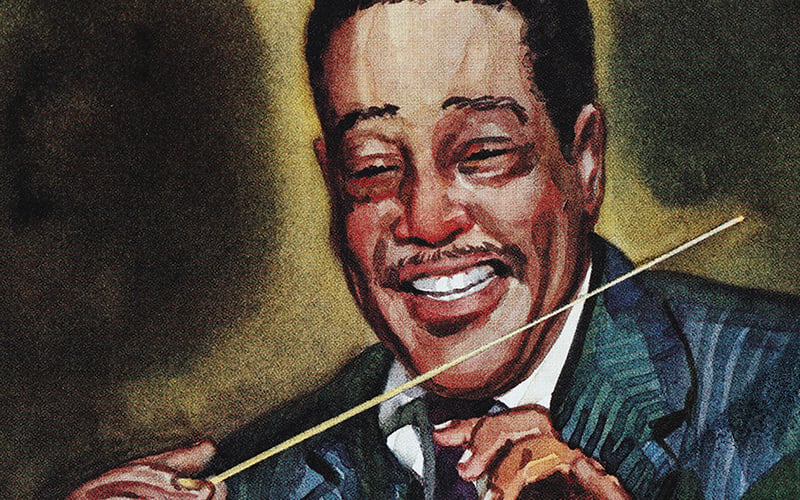 A painted portrait of a smiling man in a suit holding a conductor’s baton, set against a warm, softly-blurred background.