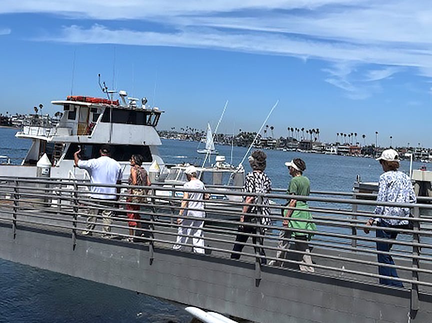 A group of people walk on a dock toward a boat on a sunny day, with blue sky, palm trees, and houses visible across the water in the background.