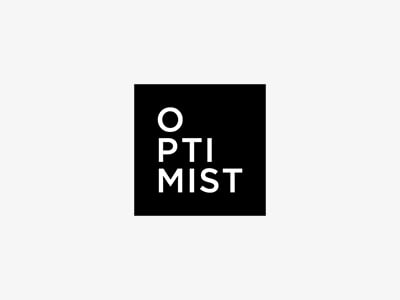 A black square with the word OPTIMIST written in white, all capital letters, arranged in three stacked lines on a plain light gray background.