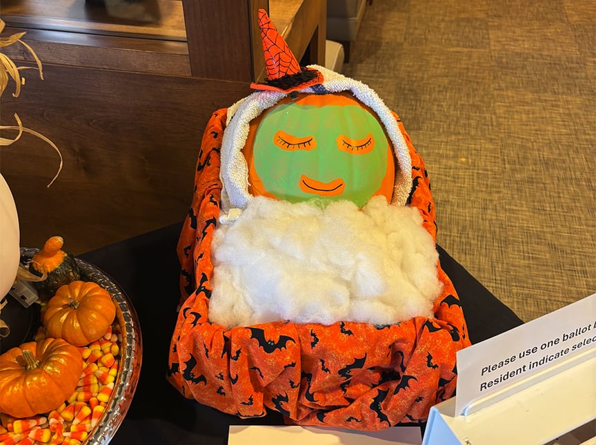Screenshot A painted pumpkin with a peaceful face and a small witch hat is wrapped in orange fabric with black bats, tucked in fake cotton blankets, resembling a sleeping baby. Small pumpkins are nearby.