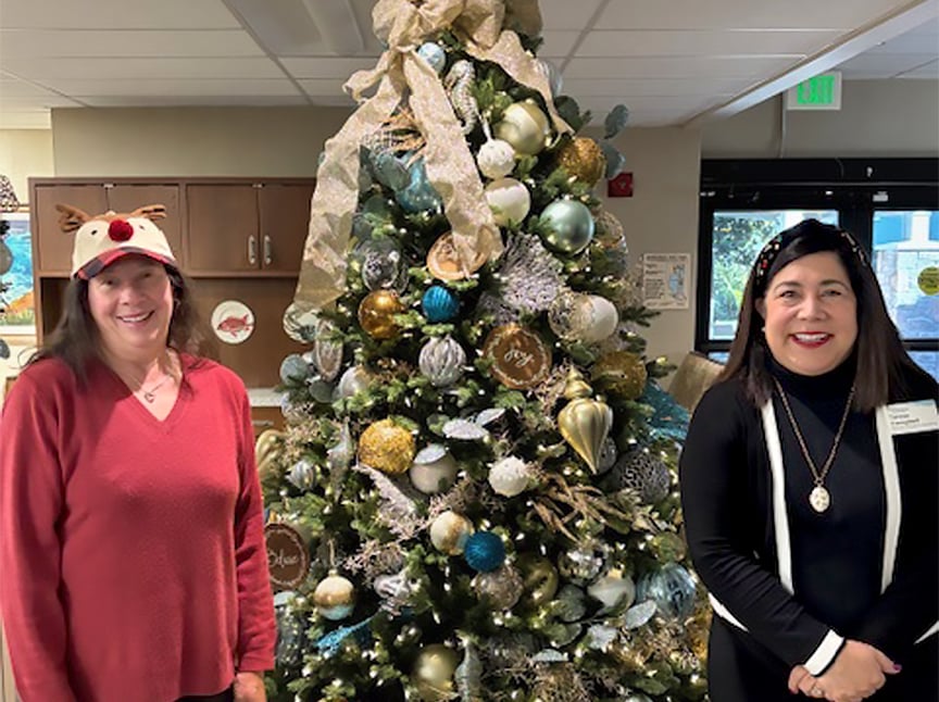 Two women stand smiling next to a decorated Christmas tree indoors. One wears a red sweater and a reindeer hat, while the other wears black with a long necklace. The tree has ornaments, ribbons, and lights.