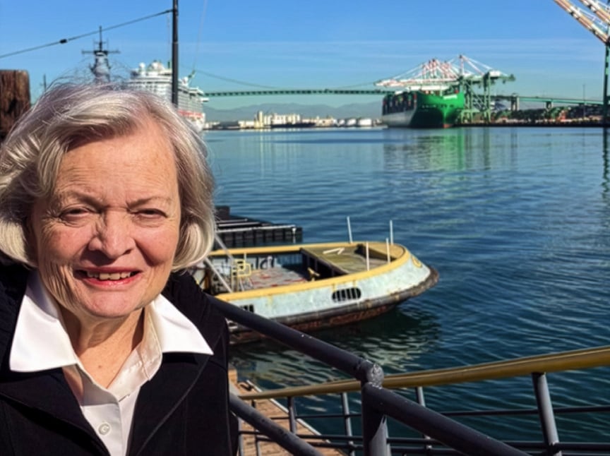 An older woman with light hair and a black coat smiles at the camera while standing by a harbor, with boats, water, and industrial cranes visible in the background under a clear blue sky.