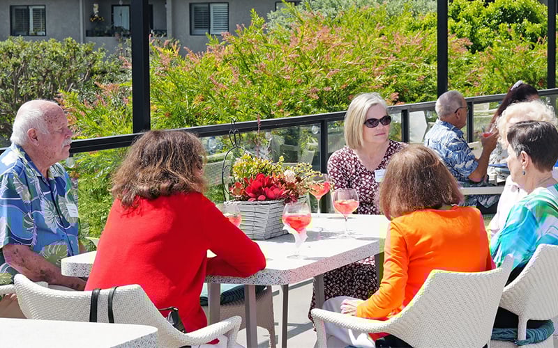 A group of older adults sit around an outdoor table, enjoying drinks and conversation on a sunny day. There are flowers on the table and greenery in the background.