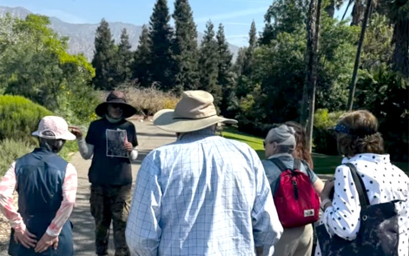 A group of people, some wearing hats and backpacks, listen to a person giving a talk outdoors on a sunny day, surrounded by trees and mountains in the background.