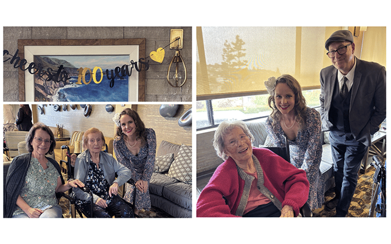 A collage of two photos: One shows three women sitting and smiling at a cheers to 100 years party. The other features a woman in red with three visitors, including a man in a cap and two women in floral dresses.