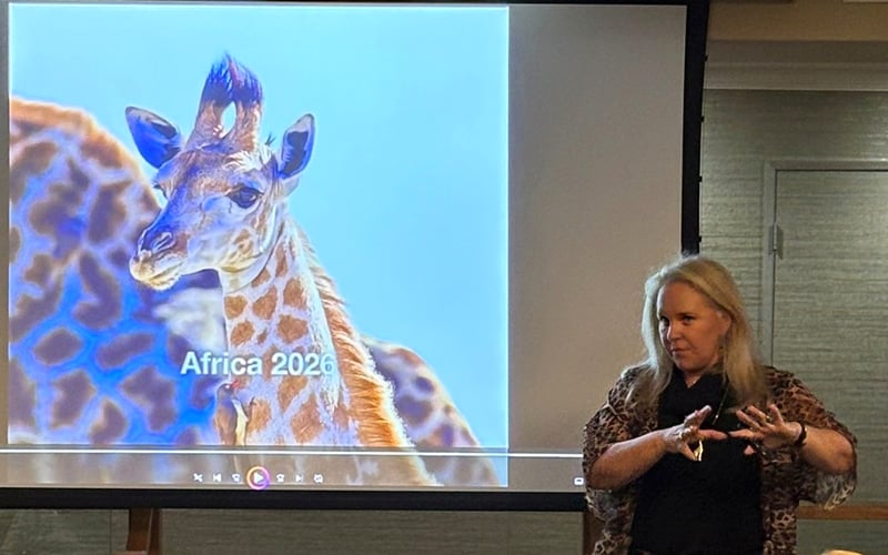 A woman stands in front of a projection screen displaying an image of a giraffe with the text Africa 2026. She gestures with her hands while presenting.