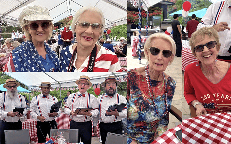 03-Story-3-COV_4th of Jul Collage of people at a patriotic outdoor event, wearing red, white, and blue outfits. Some smile for the camera, others sit at picnic tables. Four men in hats and bow ties sing together. Balloons and decorations are visible.