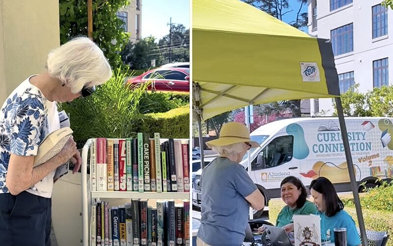 03-Story_03-MC_AltadenaLibraryMobile Left: An older woman browses a book cart outdoors. Right: Two women at a booth under a yellow tent talk to an elderly woman in a sunhat near a colorful van that says Curiosity Connection..