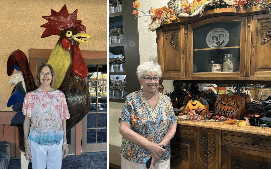 03-Story_05_KnottsChickenRestaurant Two elderly women pose separately: one stands by a large rooster statue outdoors, the other smiles inside near a wooden hutch decorated with Halloween pumpkins and fall leaves.