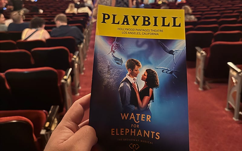 03-Story_06-MC_Water4Eleph2 A hand holds a Playbill for Water for Elephants in a theater with red seats; audience members are seated ahead, and the stage is not visible.