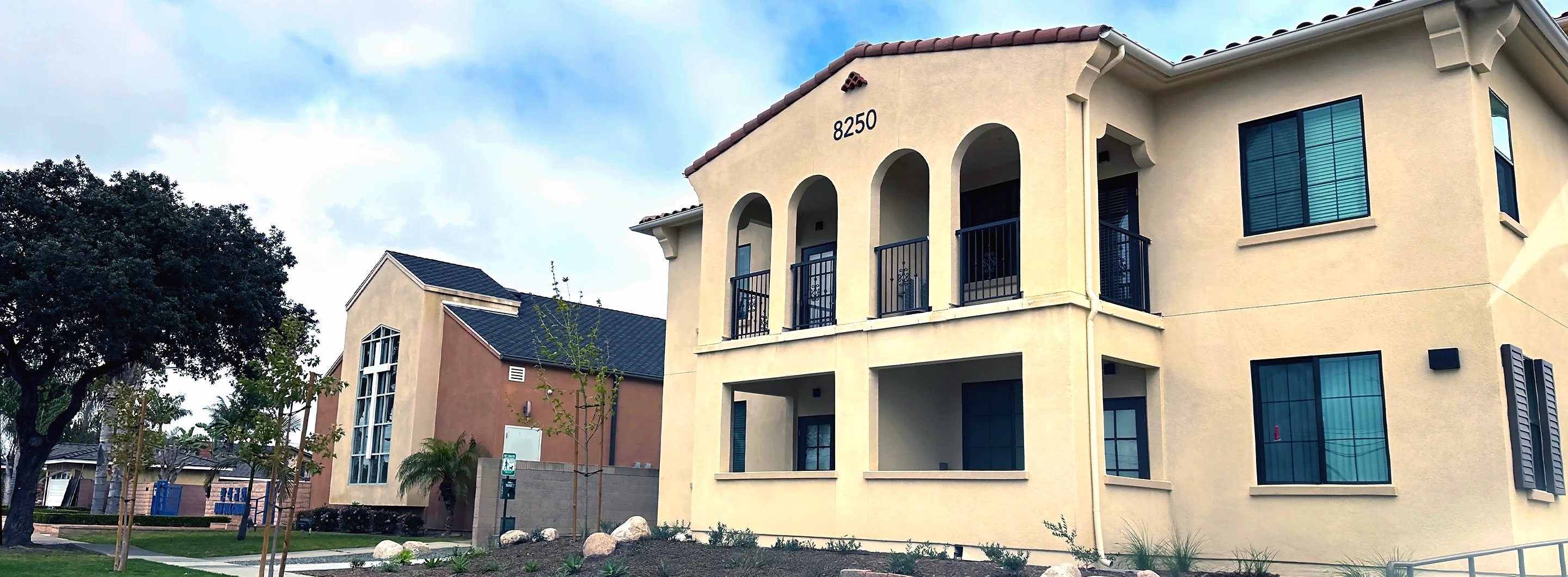 Exterior view of senior living community in the afternoon