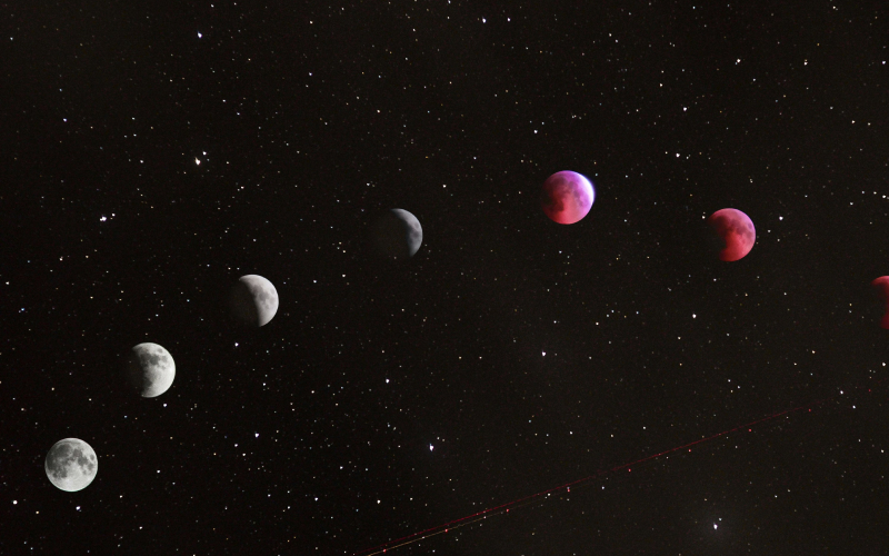 A sequence of six moons in various phases, transitioning from bright gray to dark red, set against a starry night sky, illustrating the progression of a lunar eclipse.