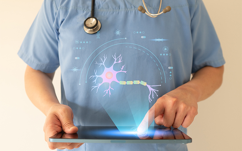 A person in scrubs with a stethoscope uses a tablet displaying a holographic neuroscience diagram, including a neuron and digital interface elements.