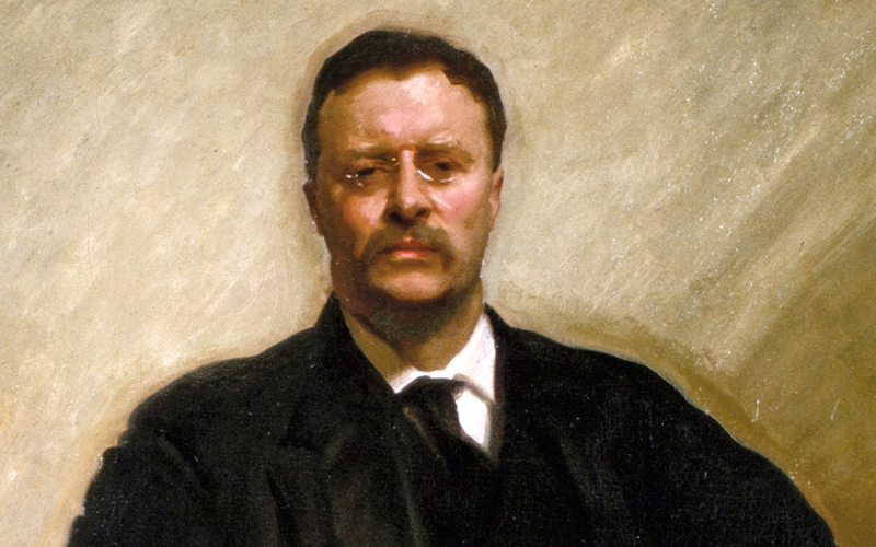A painted portrait of a man with short dark hair, a mustache, and glasses, wearing a dark suit, white shirt, and tie, sitting against a neutral background.