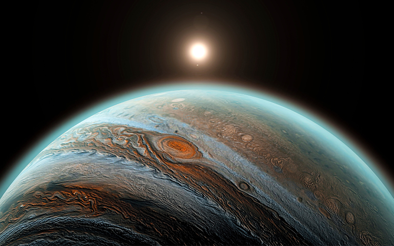 An artistic, close-up view of Jupiter, focusing on its turbulent, swirling atmosphere and the Great Red Spot. A glowing sun-like star shines brightly in the dark space above the planets curved horizon.