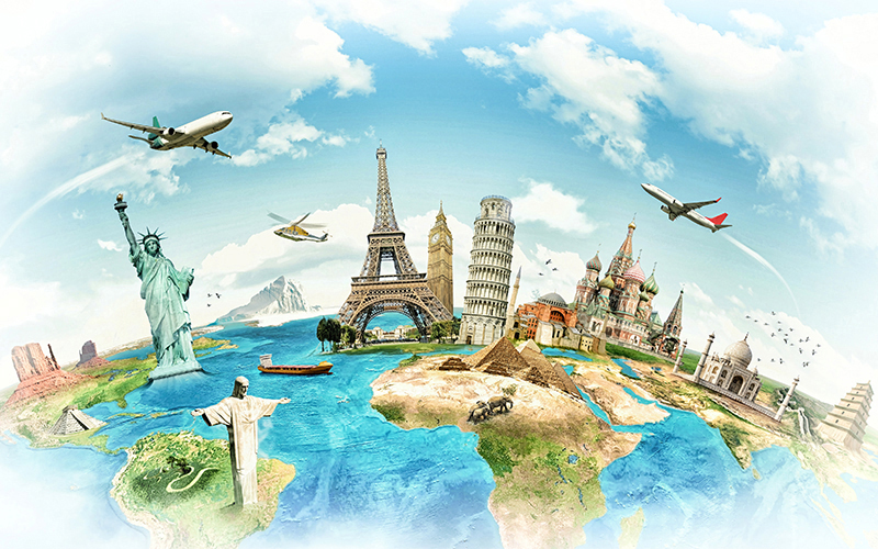 Famous world landmarks like the Eiffel Tower, Statue of Liberty, and Leaning Tower of Pisa on a stylized globe, with airplanes and boats in the sky and water.