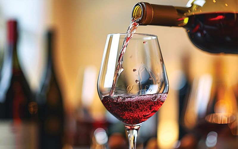 A bottle pours red wine into a glass, with blurred wine bottles in the background on a softly lit surface.