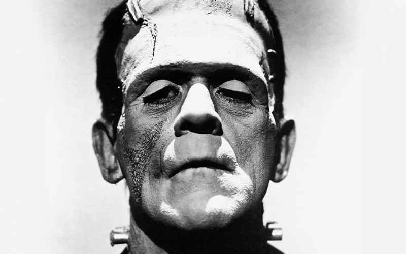 Black and white close-up of a person in Frankensteins monster makeup, with bolts in their neck and scars on their forehead, staring straight ahead with a serious expression.