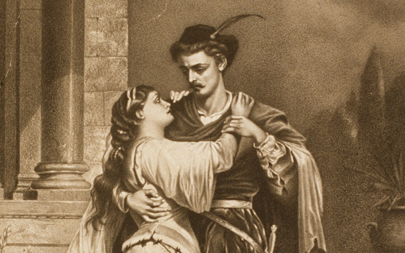 A sepia-toned illustration of a man and a woman in historical clothing embracing each other outside a stone building, gazing into each others eyes.